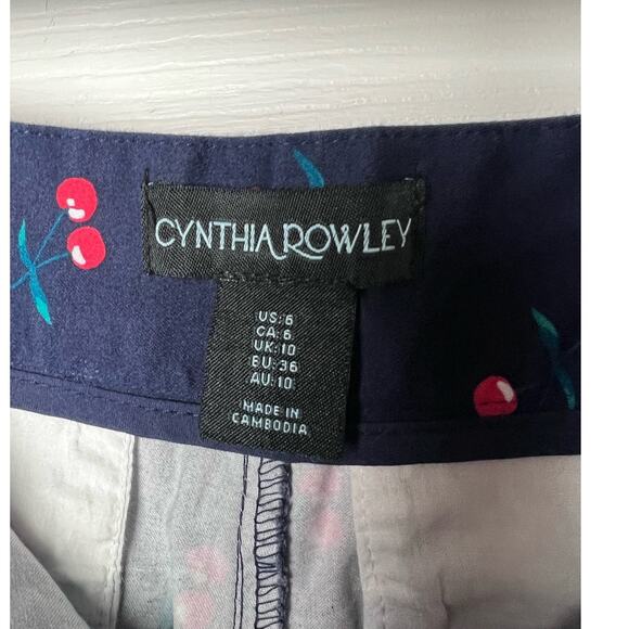 Cynthia Rowley Navy Blue Chino Shorts Cherry Print Size 6 Cotton Stretch - Picture 2 of 7